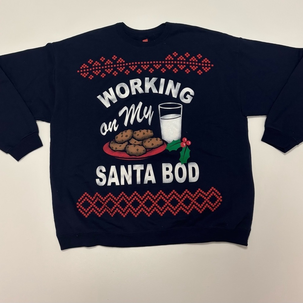Hanes Christmas Crewneck Sweatshirt XL Funny “Santa Bod” Holiday Pullover Navy